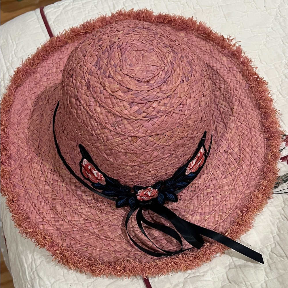 Pink Straw Sun Hat with Floral Embroidery